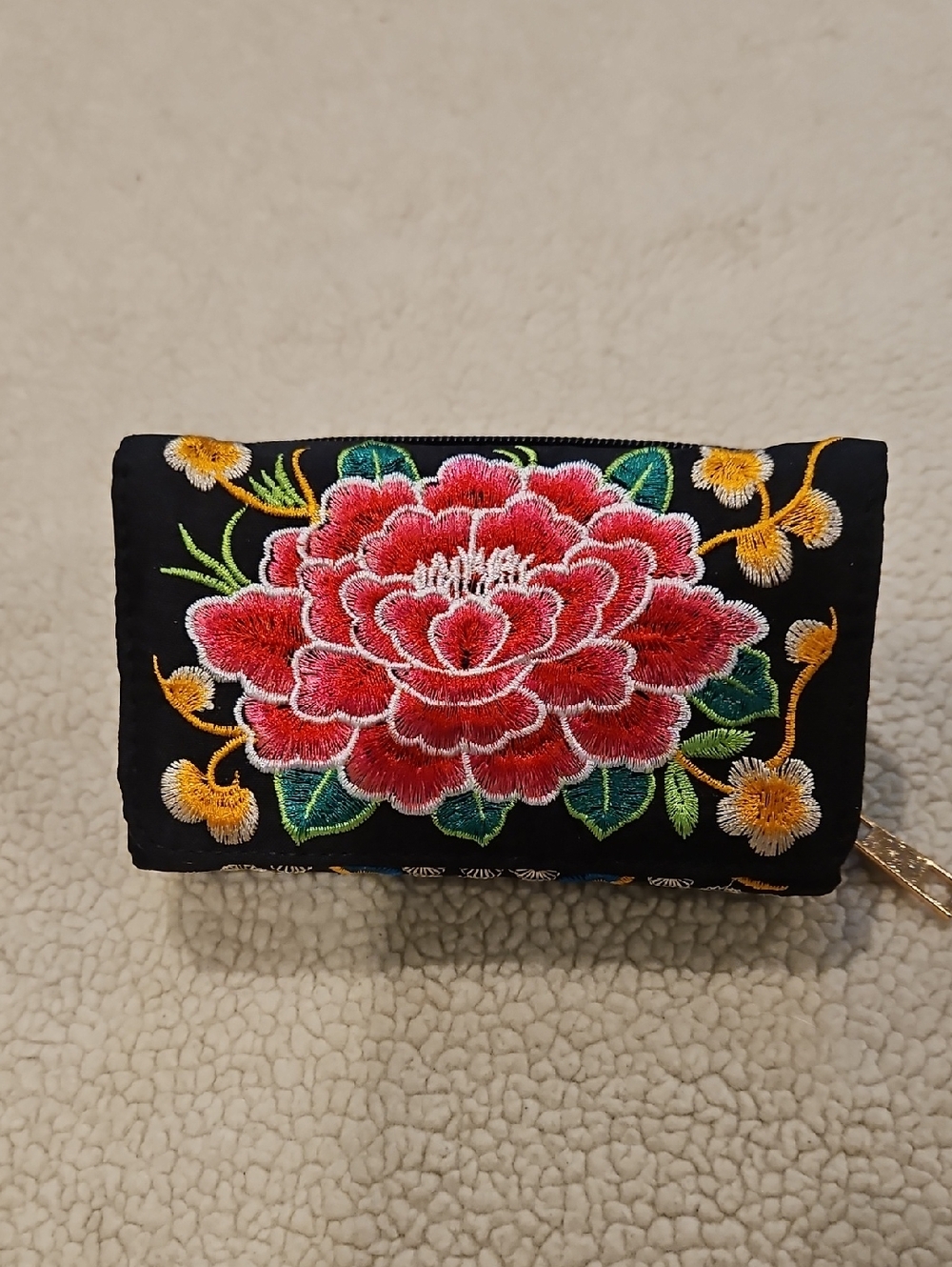 Embroidered Floral Clutch Wallet - Black with Red Flower